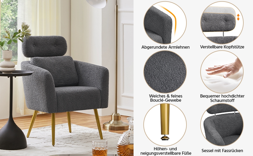 Крісло Yaheetech з тканини букле, крісло-релакс з регульованою спинкою та металевими ніжками, біле (темно-сіре)