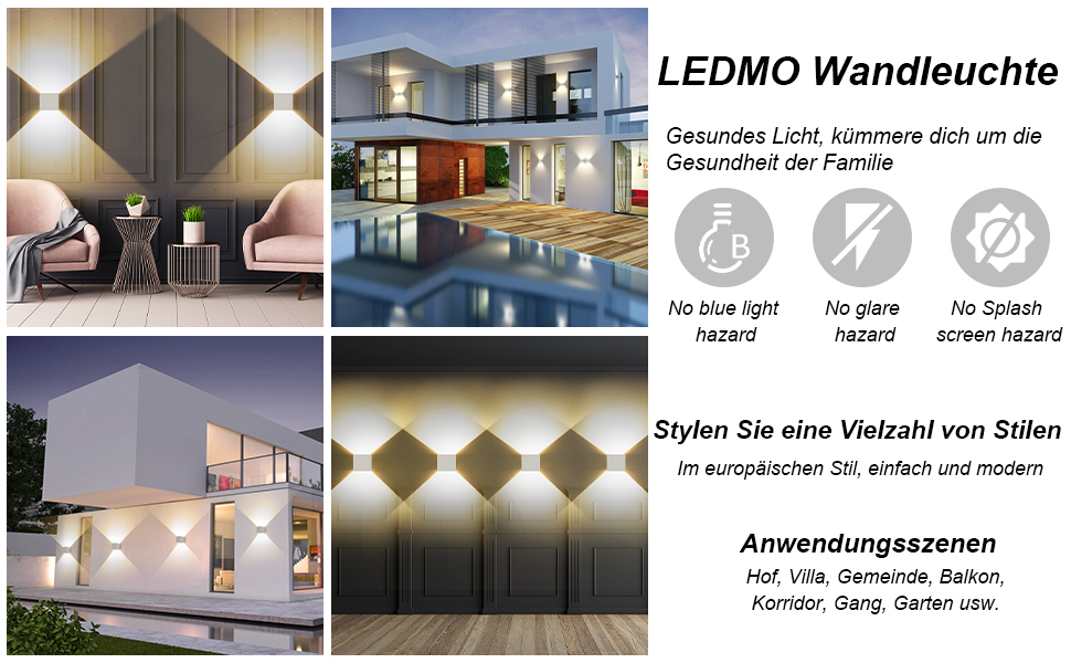 Набір LED настінних світильників ledmo (8 шт), 12W, теплий білий світло 2700-3000K, регульований напрямок світла (вгору/вниз), чорний матовий, IP65 вологозахищені для дому та вулиці