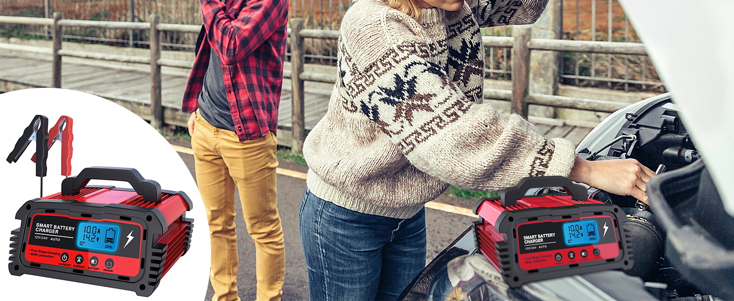 Зарядний пристрій для акумулятора 12V/24V LEICESTERCN - Автомобільний, мотоциклетний, з LCD, 5/10/25A, 6-ступінчастий, з багаторазовим захистом