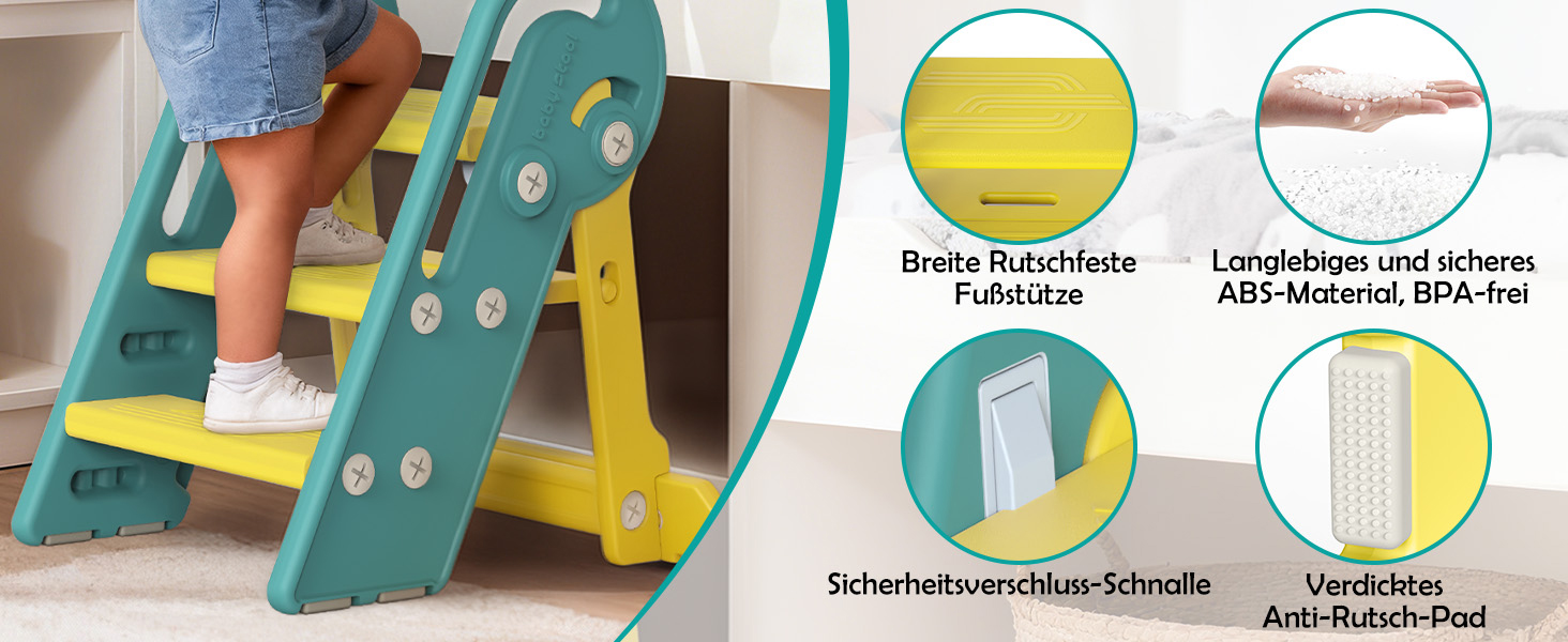 Дитячий підсвічник Onasti Tritthocker Kinder: регульована висота, 3 сходинки, з ручками, складний, анти-кіп та анти-ковзний, для кухні, ванної, раковини та туалету (сірий) сіро-білий (зелений)