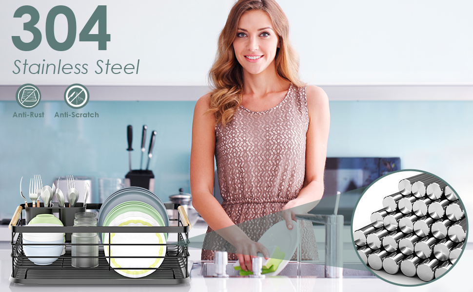 Сушарка для посуду Dreamhigh® з піддоном та контейнером для столових приборів, чорна, 43x30.5x14 см, для 3-5 осіб