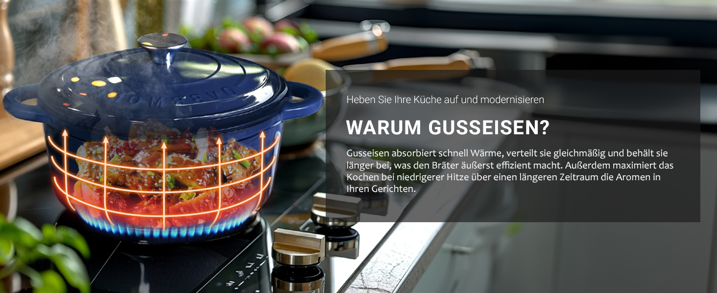 Чавунна казан-каструля Overmont з емалевим покриттям, 26 см, 5.2 л, індиго-синя — універсальний сотейник з кришкою для запікання та тушкування, підходить для духовки