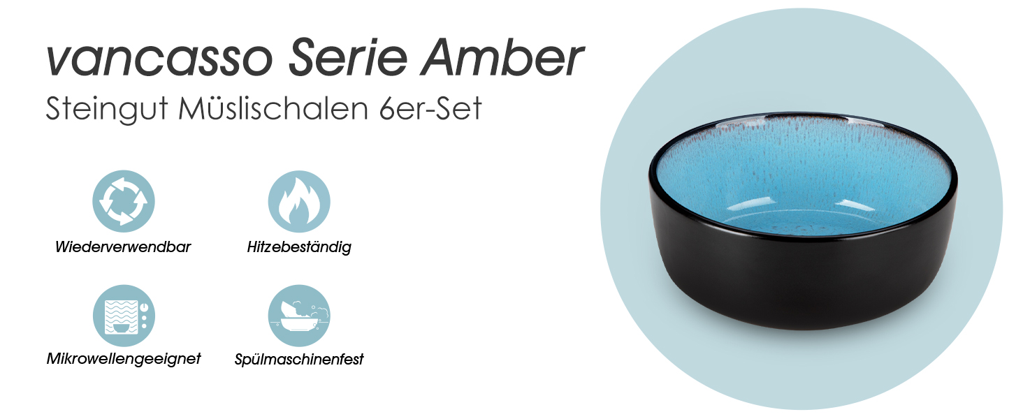 Набір посуду Vancasso AMBER на 12 осіб, 48 предметів: тарілки обідні, десертні, супові, миски (блакитний, реактивна глазур, для посудомийної машини)