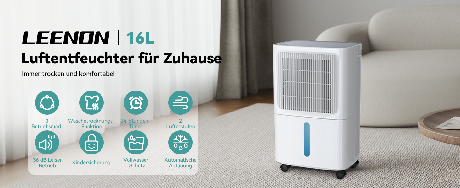 Електричний осушувач повітря Leenon 16L для підвалу, квартири, ванної кімнати. Тиха робота 36dB, режим сну, таймер 24H, сушка білизни, автоматичний перезапуск, 35м²