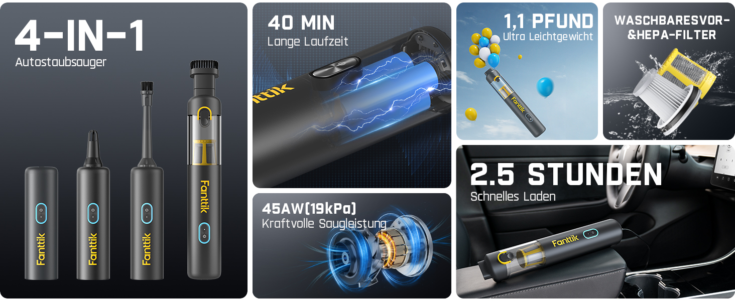 Акумуляторний автомобільний пилотяг Fanttik Slim V8 APEX, портативний ручний міні-пилотяг 4-в-1 RobustClean™, потужність 19000 Па/45 AW, 2 режими всмоктування, для авто, офісу та клавіатур (Сірий)