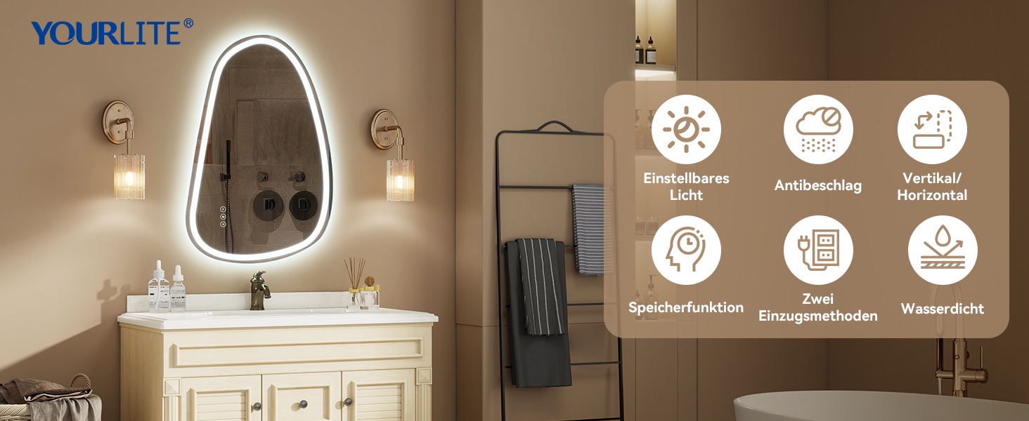 Дзеркало для ванної кімнати YOURLITE з підсвічуванням, 85x55 см, LED, сенсорне керування, 3 кольори світла, регулювання яскравості, антизапар, горизонтальне/вертикальне, IP44, білий