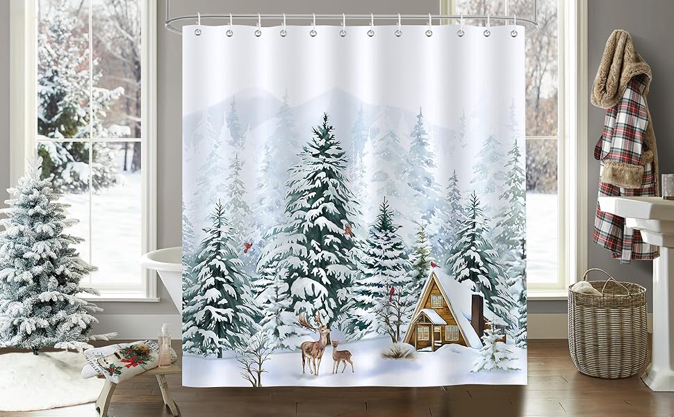 Шторка для душу Bonhause Winter Forest Deer 180x180 см, захист від цвілі, водонепроникна, в т.ч. 12 гачків