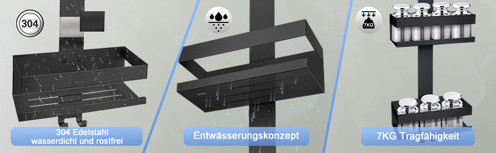 Настінна поличка для душу з нержавіючої сталі SUS304, без свердління, для скляних дверей (чорний)