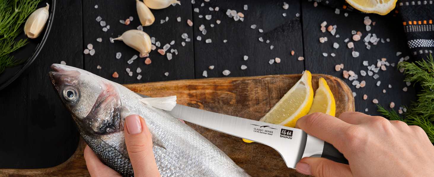 Набір кухонних ножів SHAN ZU з бруском, 14 предметів. Професійний німецький набір кухонних ножів з точильним бруском, набір ножів для кухні (ніж для філе)