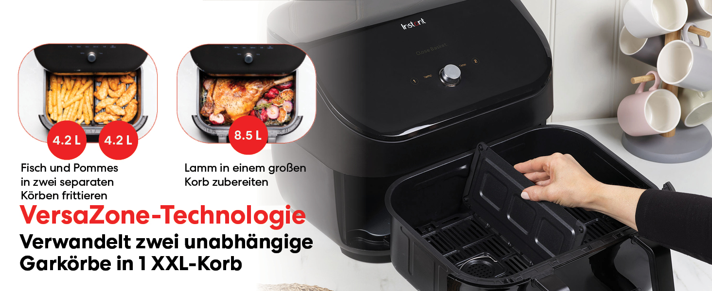 Подвійний кошик Instant Vortex Plus із ClearCook - цифрова фритюрниця 7,6 л, чорний, розумні програми 8-в-1, випікання, смаження, гриль, зневоднення, розігрівання, XL Потужність -1700 Вт, чорний - 7,6 л