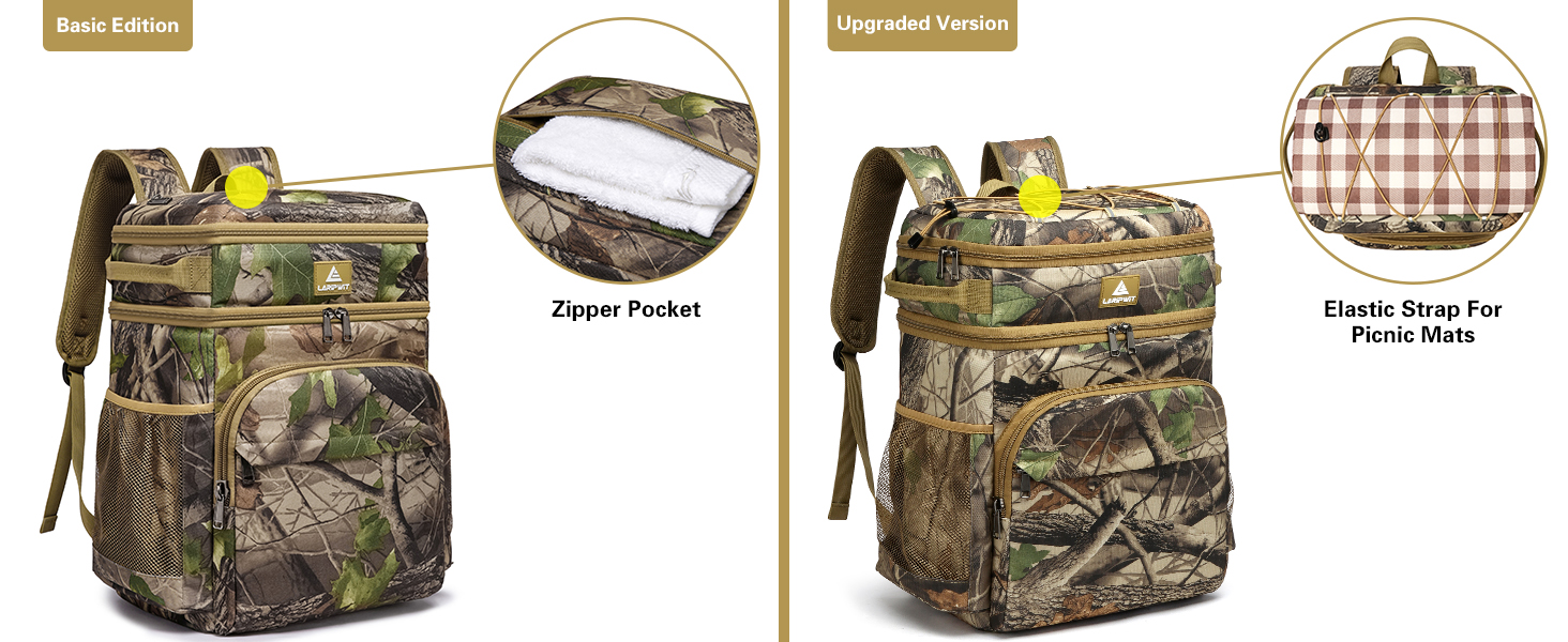 Рюкзак-холодильник Laripwit 54 банки: ізольований рюкзак-термос з двома відсіками та відділенням для холоду. Ідеальний для пікніків, подорожей, кемпінгу, пляжу. Об'єм 33л, камуфляж, еластична шнурка.