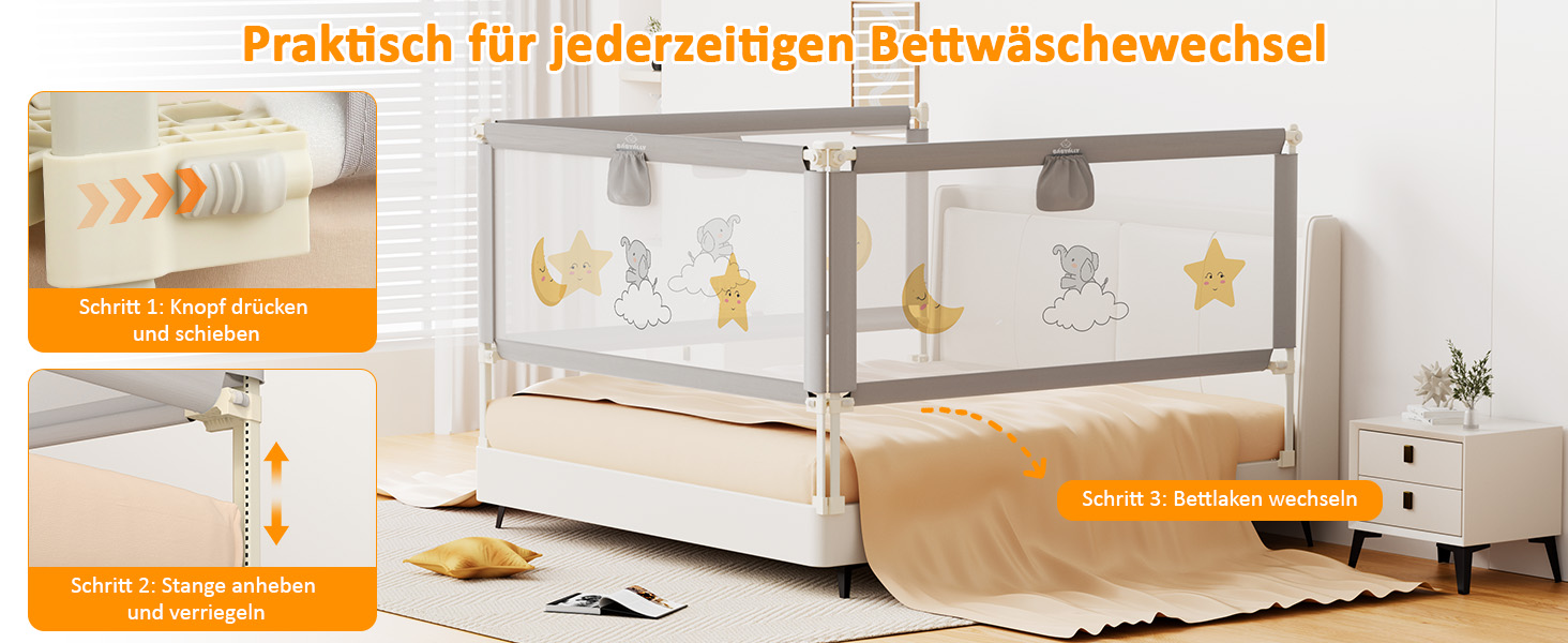 Бортики для ліжка дитячі 3 шт. (2x200 см + 1x180 см) складані, захист від випадання, малюнок - слоники