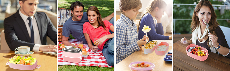 Ланчбокс дорослий та дитячий з сумкою, 3 відділи, витоки неможливі, для мікрохвильовки, бенто-бокс для роботи, школи, пікніка, подорожей (рожевий)