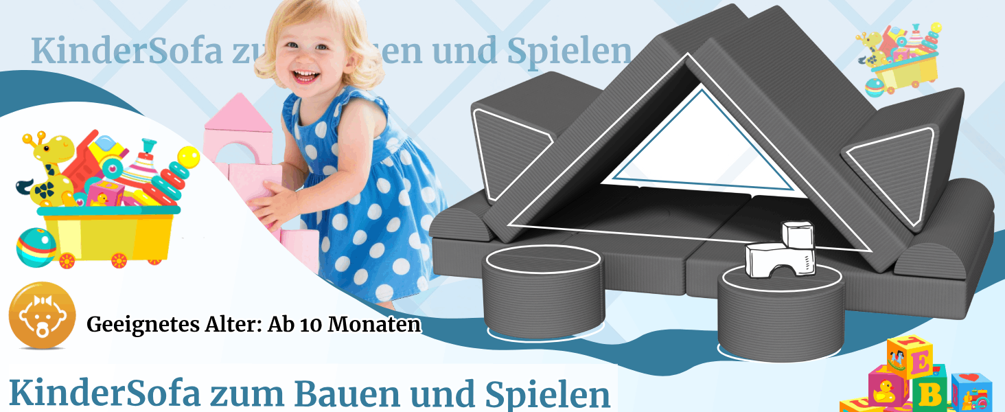 Модульна дитяча кушетка-конструктор MAMIZO Spielsofa Cord, 15 елементів, сірий колір. Кушетка для ігор та відпочинку, екологічна тканина Oeko-Tex, для дитячої кімнати.