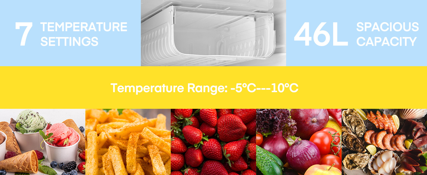 Міні-холодильник E 46L з морозильною камерою, енергоощадний, регулювання температури, рівень шуму 42 дБ, чорний — для офісу, кухні та спальні