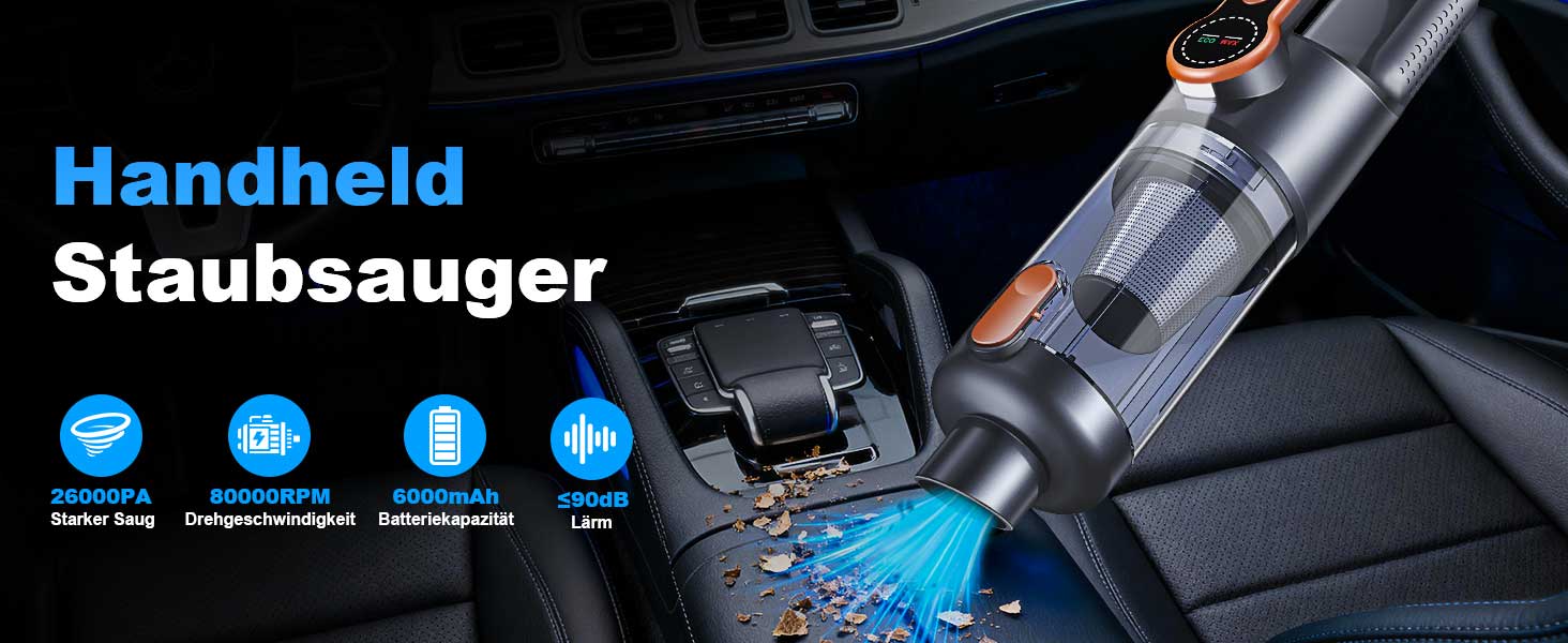 Акумуляторний ручний пилосмок Handstaubsauger 26000 Па, бездротовий автомобільний пилосмок 4-в-1 з безщітковим двигуном, HD-дисплеєм та LED-підсвіткою, помаранчевий