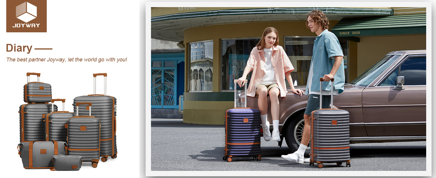 Набір валіз для подорожей Joyway 7 предметів, жорстка оболонка, з косметичкою, 4 колесами та TSA-замком, білий (Сірий/Коричневий)