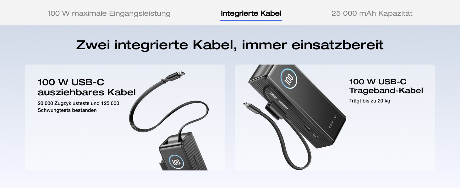 EcoFlow Rapid Powerbank 25000 mAh 170W з вбудованим кабелем, чорний - портативний зарядний пристрій для iPhone, Samsung, MacBook та інших пристроїв