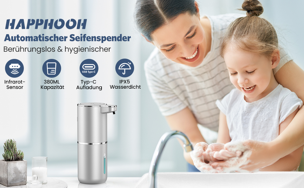 Автоматичний дозатор мила, 380 мл, електричний, з датчиком, USB, водонепроникний IPX5, для кухні, ванної кімнати, школи, готелю (сріблястий, піна)