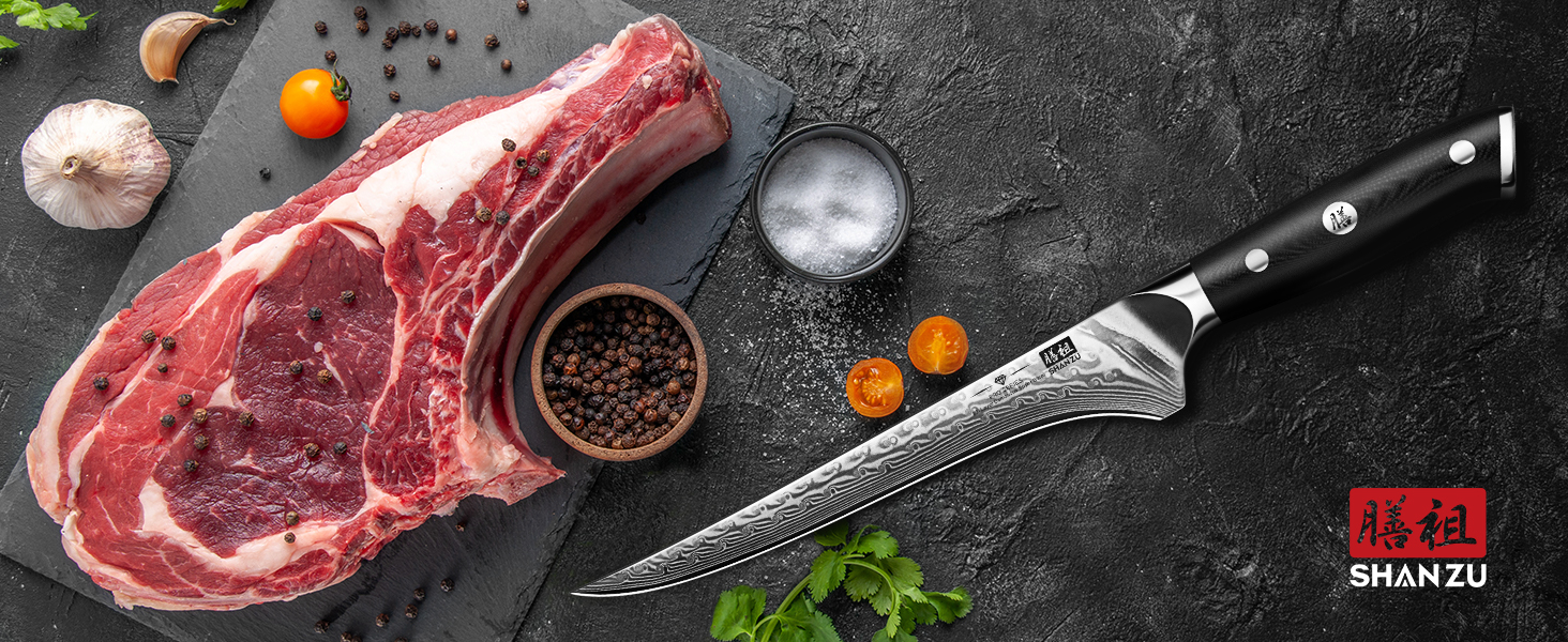 Японський кухонний ніж SHAN ZU 15 см з дамаської сталі, серія PRO. Кухонний ніж з лезом з 67 шарів вуглецевої сталі та ручкою G10. Філейний ніж.