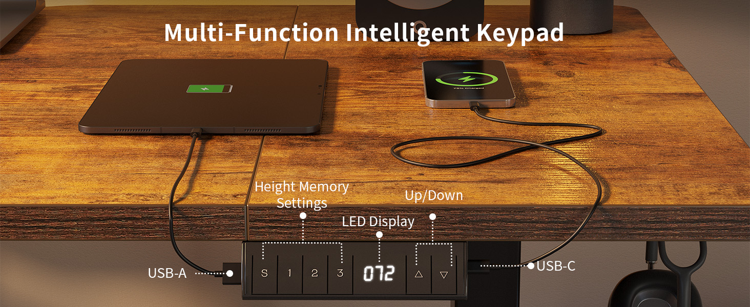 FEZIBO Регульований стіл за висотою з USB-A та USB-C портами, електричний, ергономічний, для дому та офісу (160 x 80 см, коричневий)