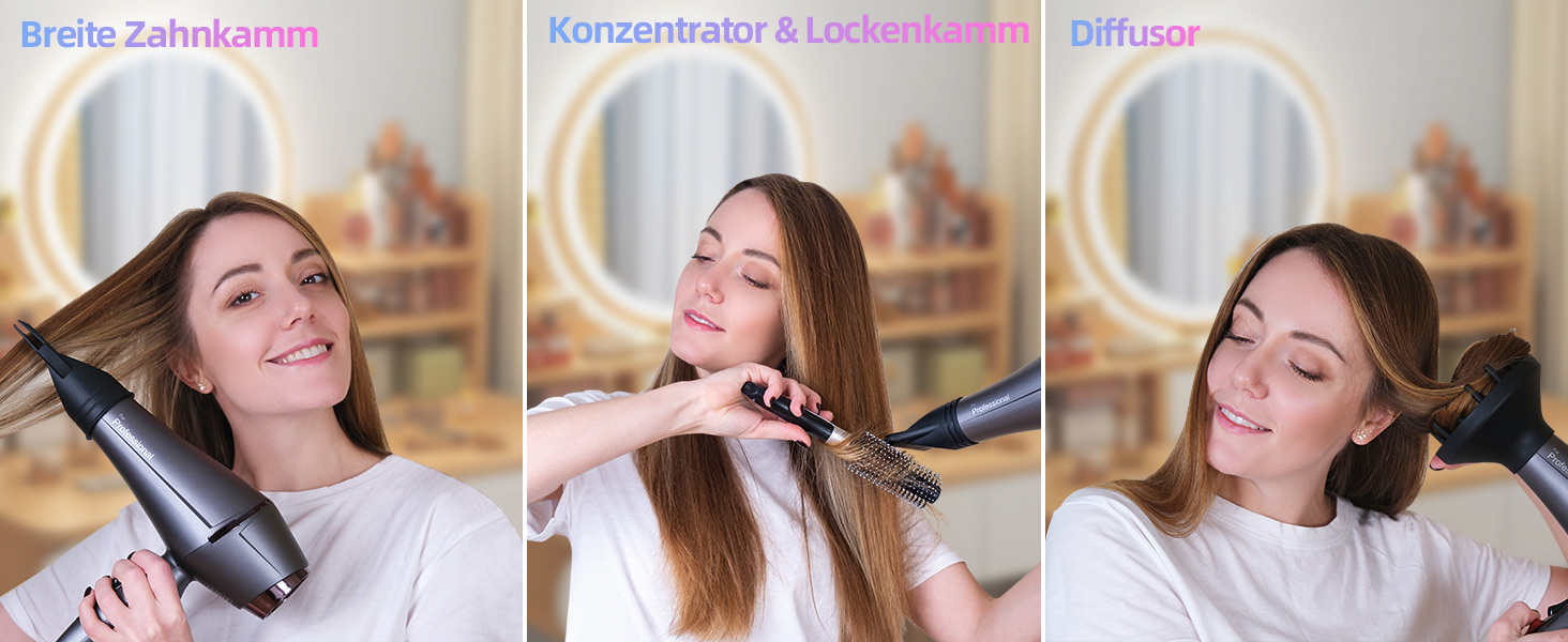 Фен для волосся Faszin Ion Professional Hair Фен - Супер швидкий фен з термостійкою технологією Triple-L Plus, з 4 аксесуарами для укладання світло-сірий