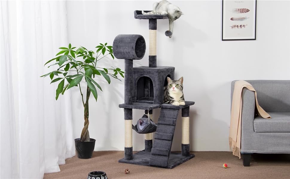 Котяче дерево Yaheetech 130 см Кігтеточка для котів Cat Tree, Котяча лазіння по дереву з оглядовим майданчиком Котяча печера Сизалеві стовбури, темно-сірі