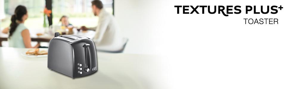 Тостер Russell Hobbs Textures+ (2 широкі слоти, підставка для булочок, 850 Вт, чорний) + Електричний чайник скляний Russell Hobbs Classic (1.7 л, 2400 Вт)