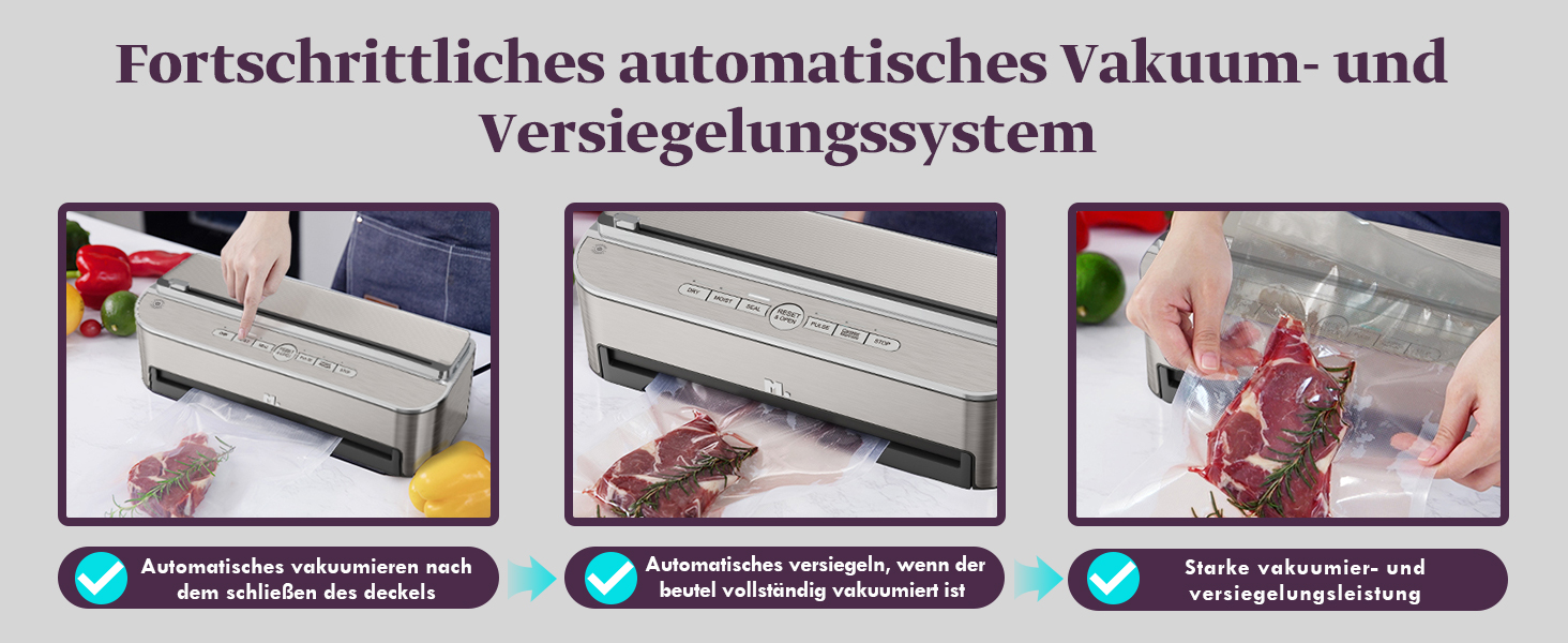 Вакууматор Mesliese 85kPa 120W для продуктів, автоматична машина для вакуумного пакування з вбудованим різаком та відсіком для пакетів, сталь, 2 рулони в комплекті