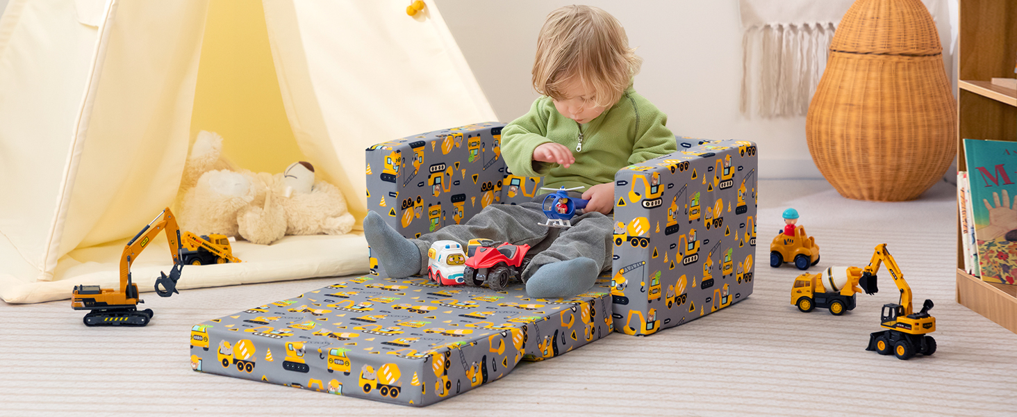 Дитяче диван-ліжко BEJOY 2 в 1: диванчик та крісло, Sherpa, сірий з машинками для дитячої кімнати, подарунок