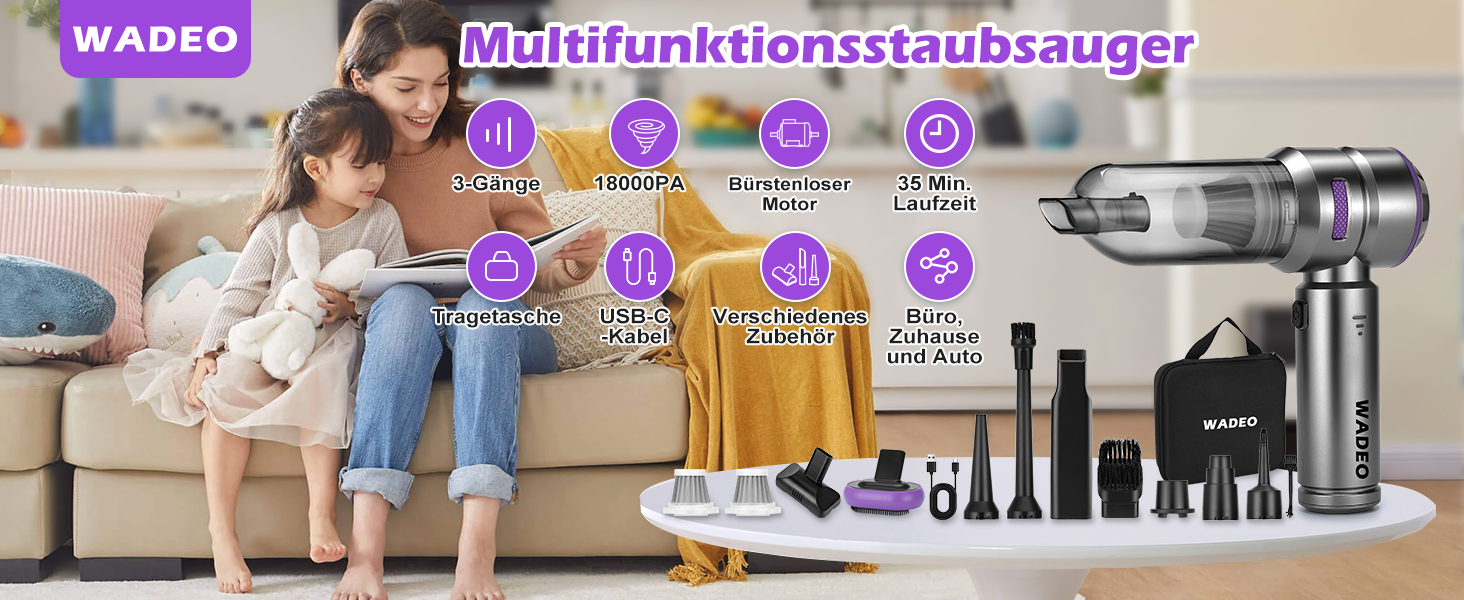 Акумуляторний ручний пилосос WADEO 3 в 1 для авто та дому, 18000Па, 3 швидкості, потужний обдув, 7500 мАг