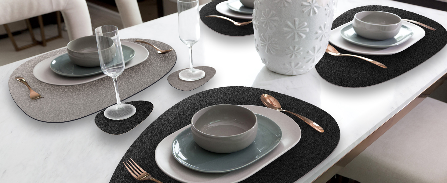 Набір з 6 серветок на стіл, миючі, з підставками, двосторонні, з імітацією шкіри, водонепроникні для обіднього столу, кухні, ресторану та дому (6 шт., чорний)