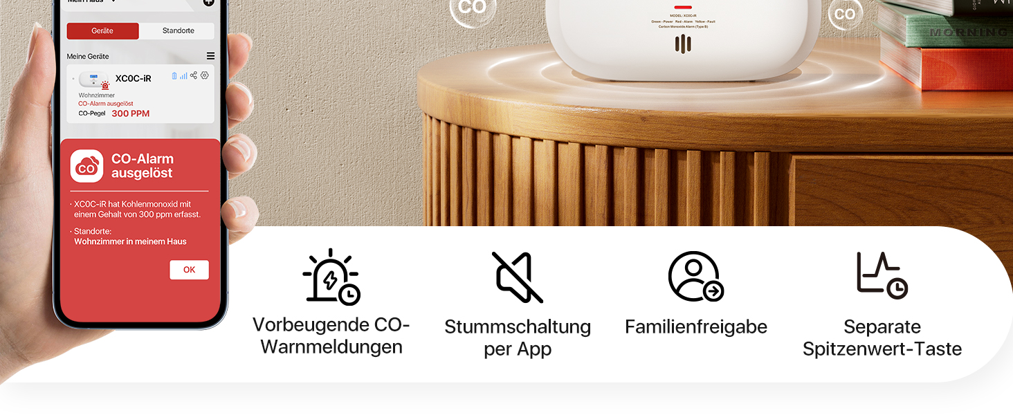 X-Sense Детектор чадного газу XC0C-iR з LCD-дисплеєм, сертифікат TÜV Rheinland, керування через додаток, змінна батарея, 1 шт. Білий