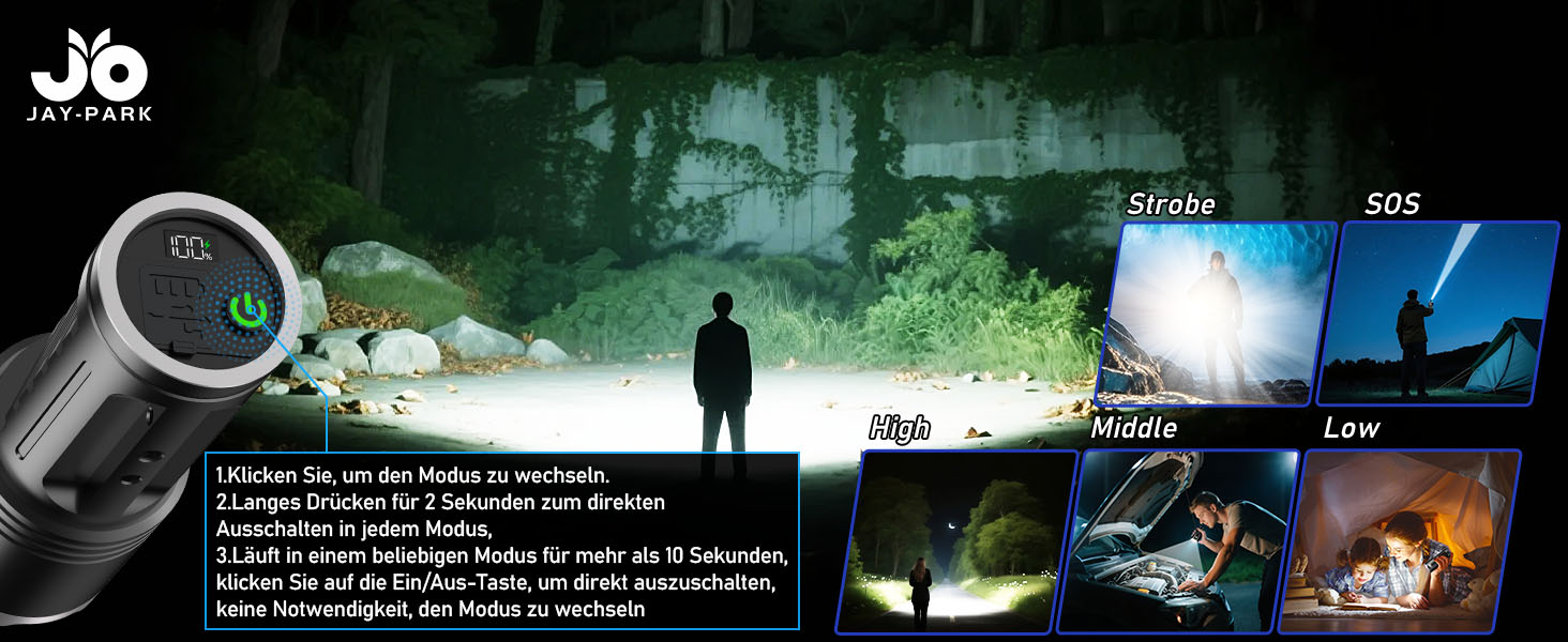 Потужний LED ліхтар JAY-PARK 500000 Люмен, акумулятор 10800 мАг, LCD-дисплей заряду, 5 режимів світла, зум, водонепроникний IPX7, чорний матовий — для кемпінгу та походів