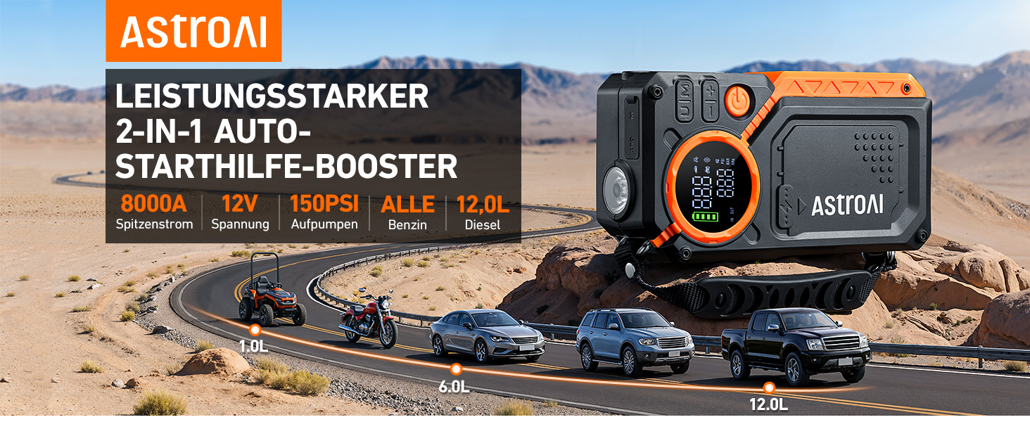 Пусковий пристрій AstroAI Starthilfe Powerbank для авто 8000А з компресором, помаранчевий