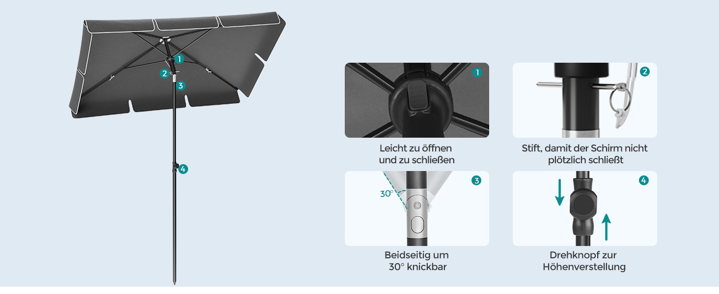 Парасолька від сонця SONGMICS 180 x 125 см для балкона та тераси, захист UPF 50+, регульована висота та нахил 30°, сіра, без стійки, GPU180G01