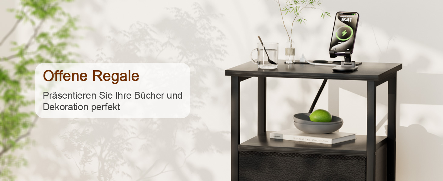 Нічний столик AMHANCIBLE з підзарядкою, приліжний столик з висувними ящиками з тканини, журнальний столик з відкритою полицею, з 2 USB-портами та 2 розетками, для спальні та вітальні, HETS020GY-1 (Чорний)