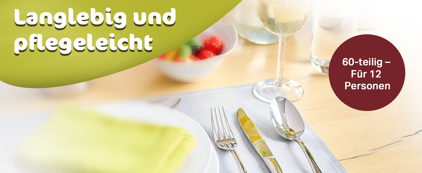 Набір столових приборів RöSLE ELEGANCE на 12 осіб (60 предметів) – високоглянцевий нержавіючий сталь 18/10, преміум якість, придатний для миття в посудомийній машині, в подарунковій коробці