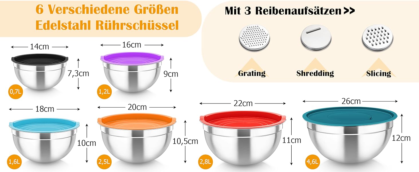 Набір салатниць TEAMFAR 6 шт. з нержавіючої сталі з кришками та силіконовим дном, багатофункціональний, для миття в посудомийній машині, 0,7Л / 1,5Л / 1,6Л / 2,5Л / 2,8Л / 4,6Л (Кольоровий, з 3 тертками)