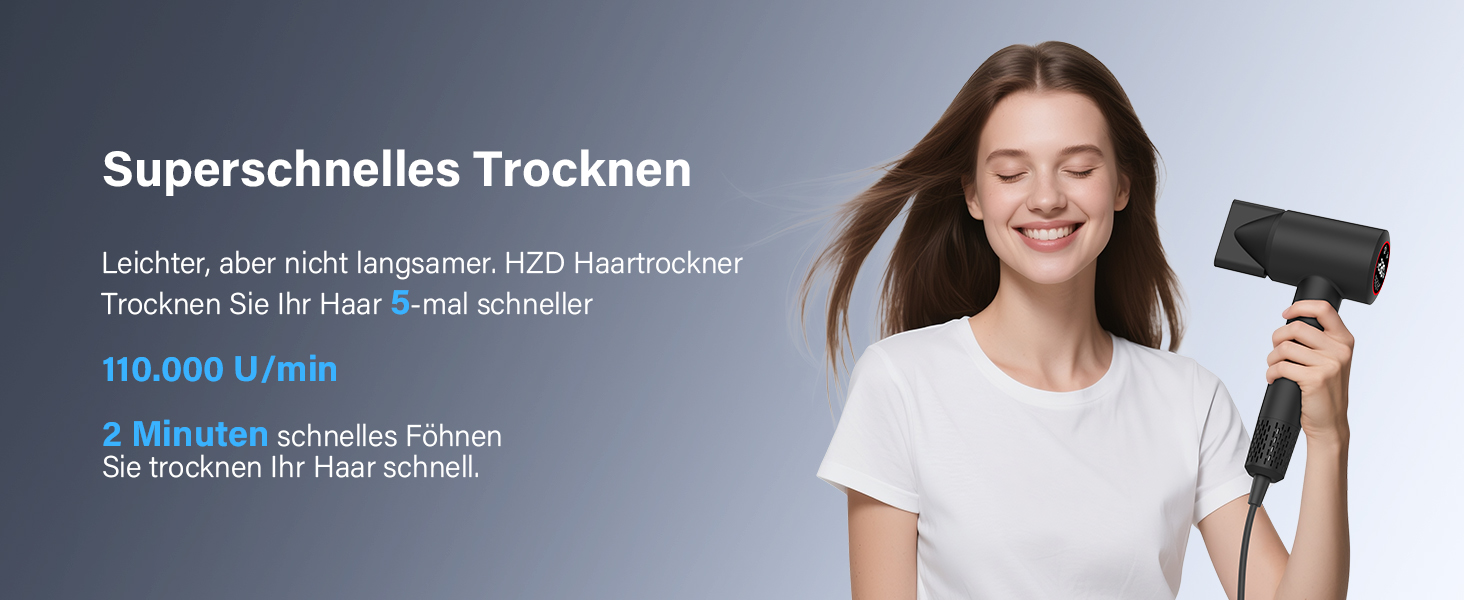 Професійний фен для волосся з дифузором, безщітковий двигун 110 000 об/хв, 400 млн плазмових іонів, низький рівень шуму 57дБ, чорний