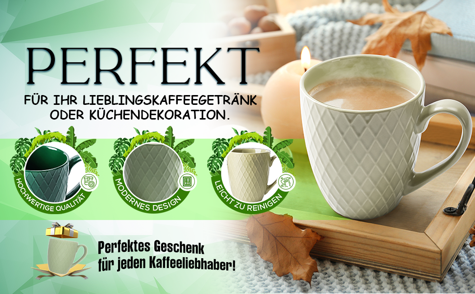 Набір кавових чашок Miamio Palmanova (Jungle) – 6 шт. по 400 мл – сучасна кераміка, матова поверхня