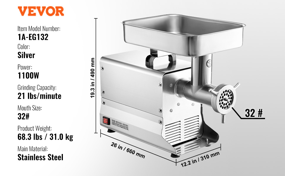 Електричний м'ясорубка VEVOR для кухні та ресторану, 300 Вт, з нержавіючої сталі, промислового класу