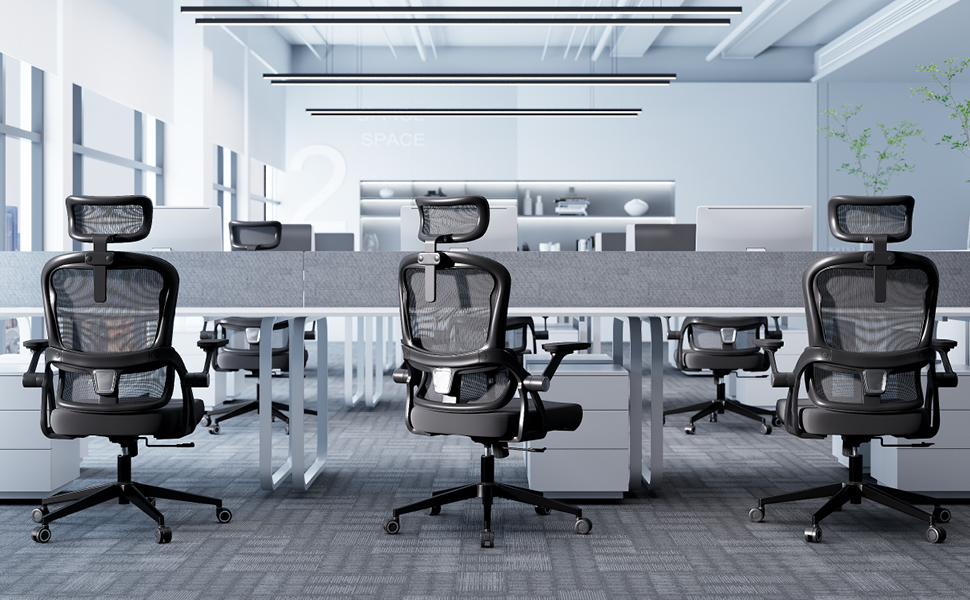 Офісний стіл-крісло Monhey з регулюванням висоти, поворотне з відкидними підлокітниками, дихаюча сітка, регульована підголовник та інтелектуальна підтримка попереку – для дому/офісу, чорний