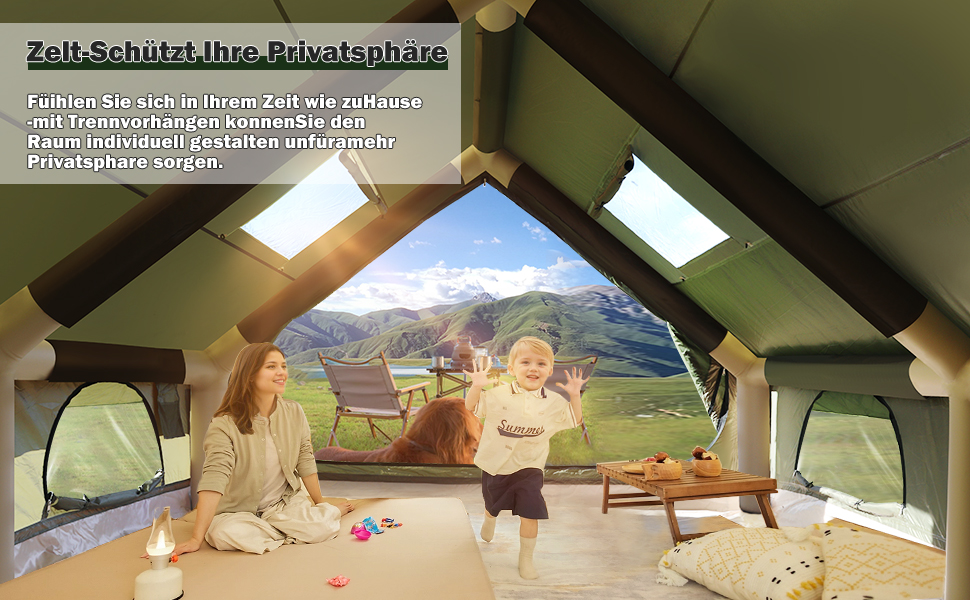 Надувний кемпінговий намет Oxford 420D для 7-10 осіб з насосом, водонепроникний (3000 мм), 4 сезони, з вікнами-москітними сітками та димоходом 400x300x200 см