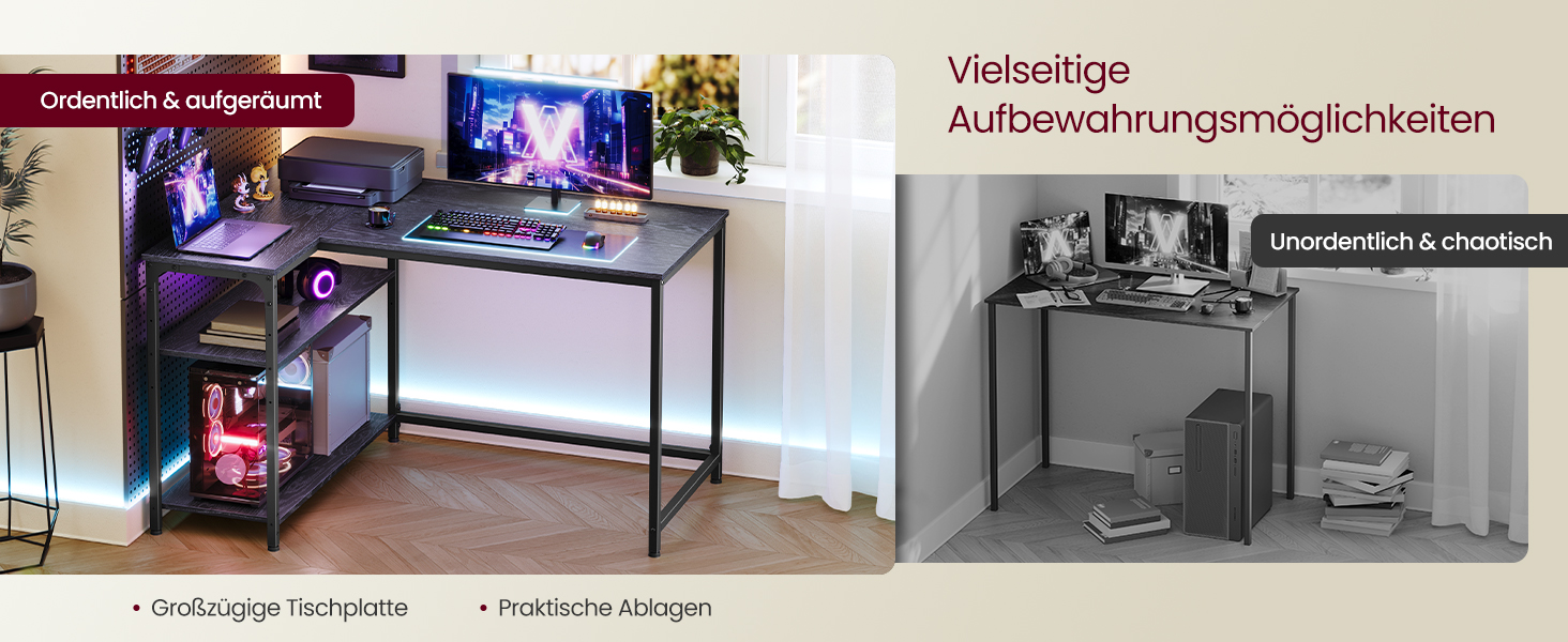 Настільний комп'ютерний стіл VASAGLE L-подібної форми з полицею, для дому та офісу, 110 x 80 см, чорний, без розетки