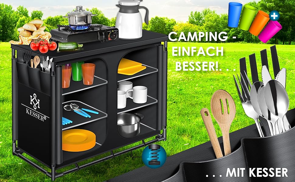 Кемпінгова кухня KESSER® з сумкою та набором посуду | Складаний шафка для кемпінгу | Алюмінієвий каркас | Похідна кухня | Кухонна коробка | Шафка для намету | Чорний/Чорний | Тип F6