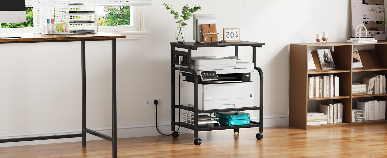 Трирівневий стіл для принтера з розеткою та USB-портами, регульовані полиці, роликовий стійка для принтера для дому/офісу, 3D/лазерний принтер, термопрес (Чорний) Чорний 60 см