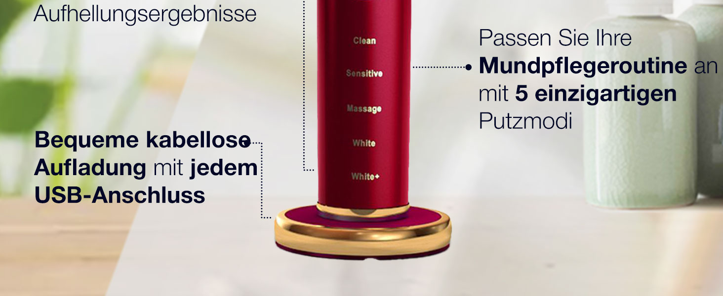 Електрична зубна щітка Wagner Stern WHITEN+ Edition з датчиком тиску, 5 режимів чищення та 3 рівні інтенсивності, 8 насадок, преміум-чохол, зелений (червоний)