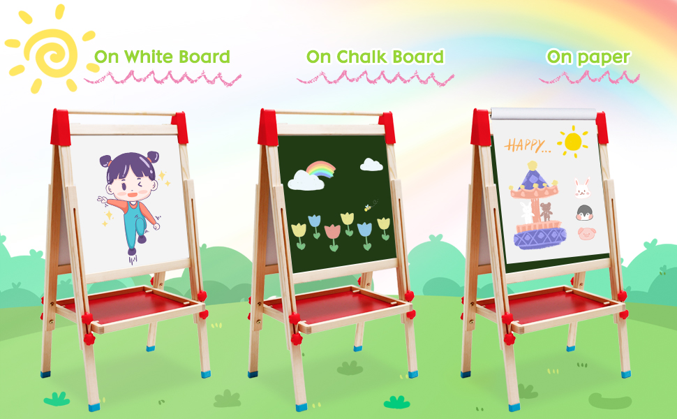 Дитяча мольберт Kinder Staffelei 3 в 1: дерев'яна дошка з рулоном паперу, двостороння, регульована висота 68-114 см. Комплектація: аксесуари для малювання. Підходить для дітей 3-12 років.