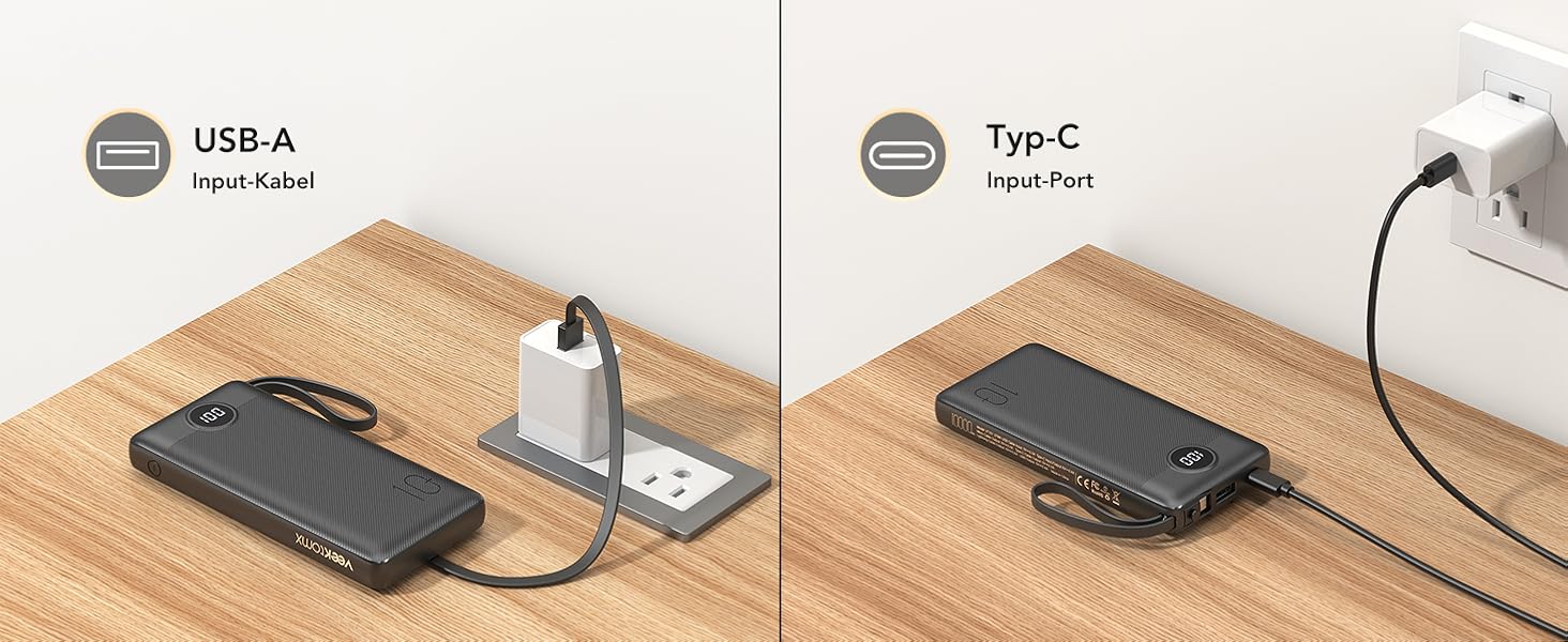 З кабелем, 5 виходів, LED-дисплей, сумісний з iPhone/Samsung/Xiaomi, 10000mAh USB C